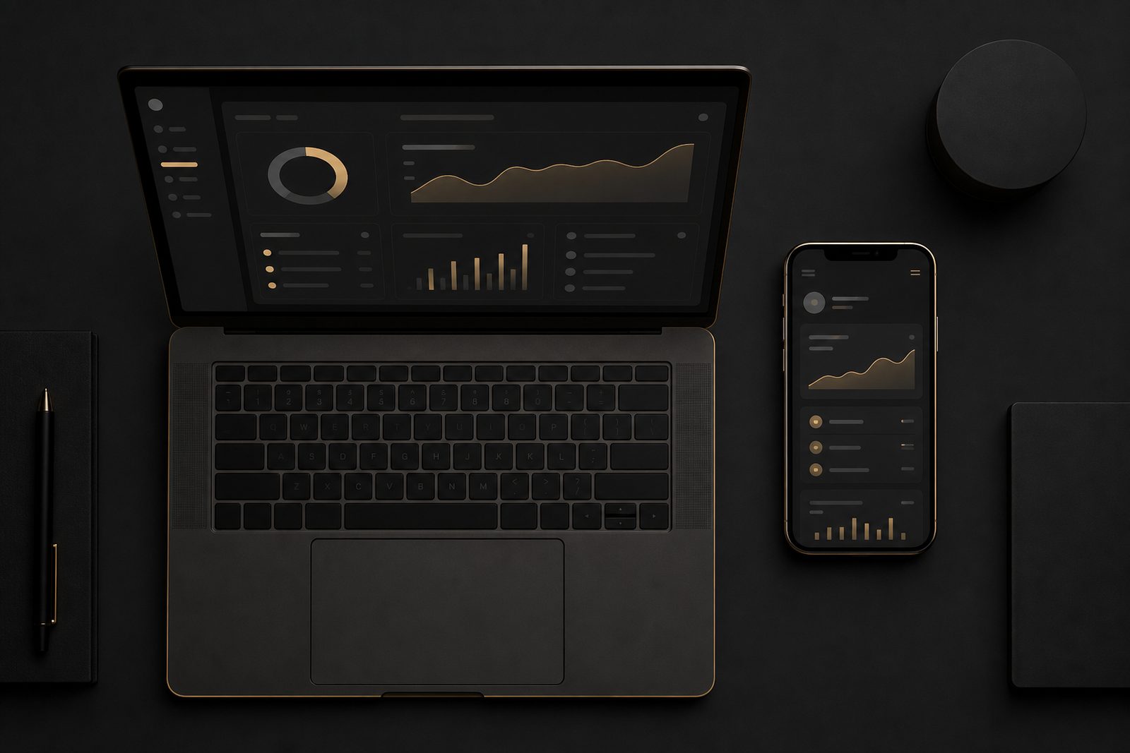A laptop and a phone side by side, each running a dark dashboard interface built by Nikhil Sahni